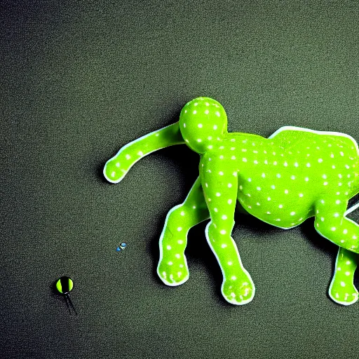 Image similar to a big muscular yellow monster with green dots and only one leg, photography, practical effect