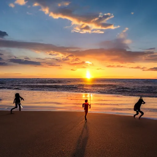 Prompt: Two people jump on the seashore in the sunset rays , twilight