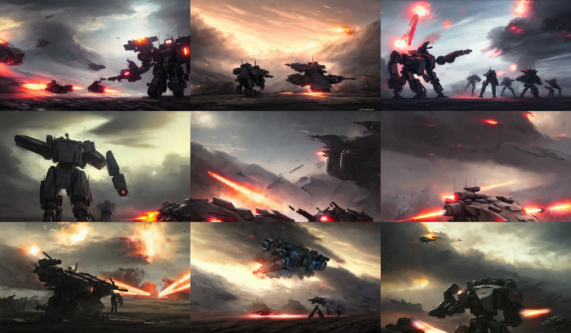 Image similar to an armored core on the ground, booster flares, legs, crossfire, karst landscape, clouds, daylight ; detailed illustrations, pastel tones, deep colors, clear lines, motion blur, by jordan grimme, greg rutkowski