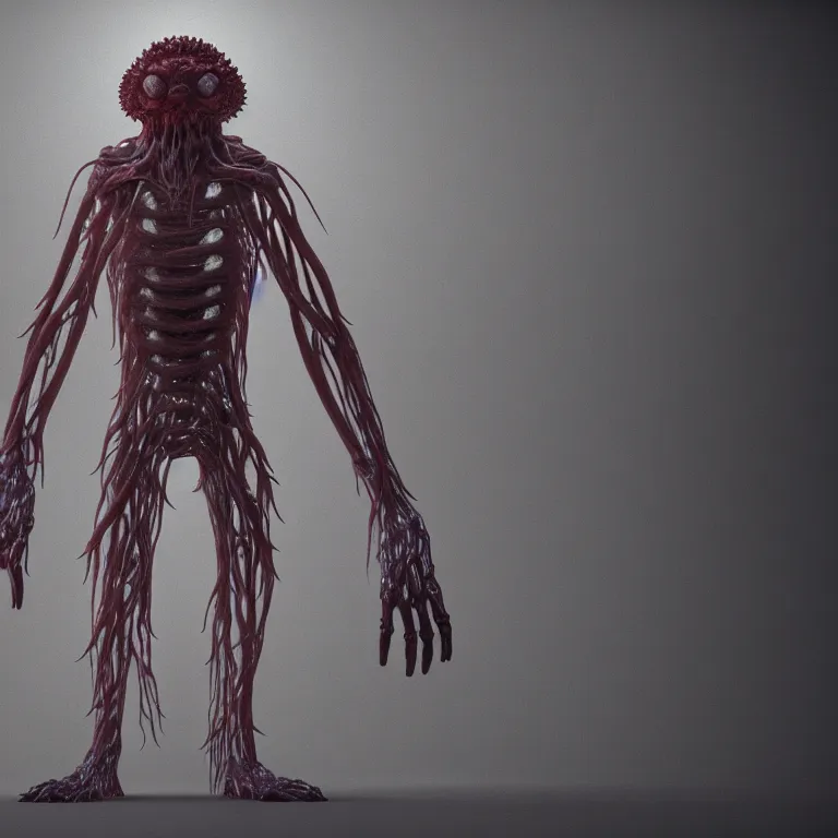 Image similar to creature made out of a humanoid nervous system with large meaty spikes all over the body, cinematic, volumetric lighting, f 8 aperture, cinematic eastman 5 3 8 4 film, photorealistic