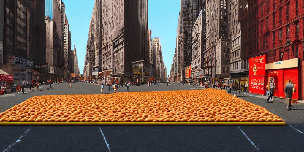 Prompt: a photograph of a new york street the roads are made of baked beans, pedestrians wade through the beans at waist height, by Claes Oldenburg, pop art, 3D render, Volumetric dynamic lighting, Highly Detailed, Cinematic Lighting, Unreal Engine, 8k, HD