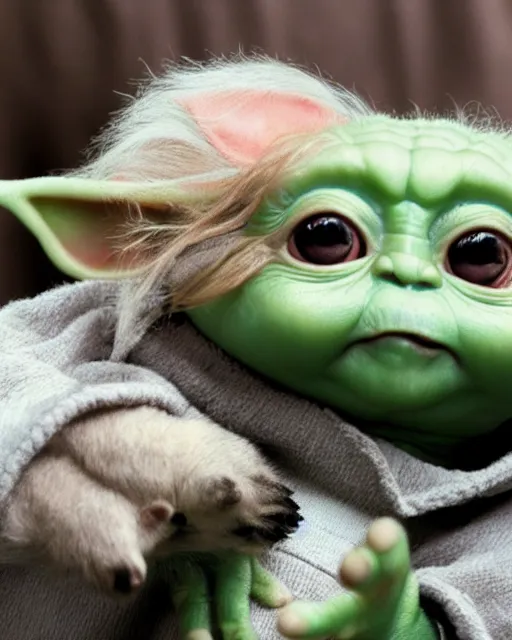 Image similar to stock photos of baby yoda playing with a cute puppy, hyperreal