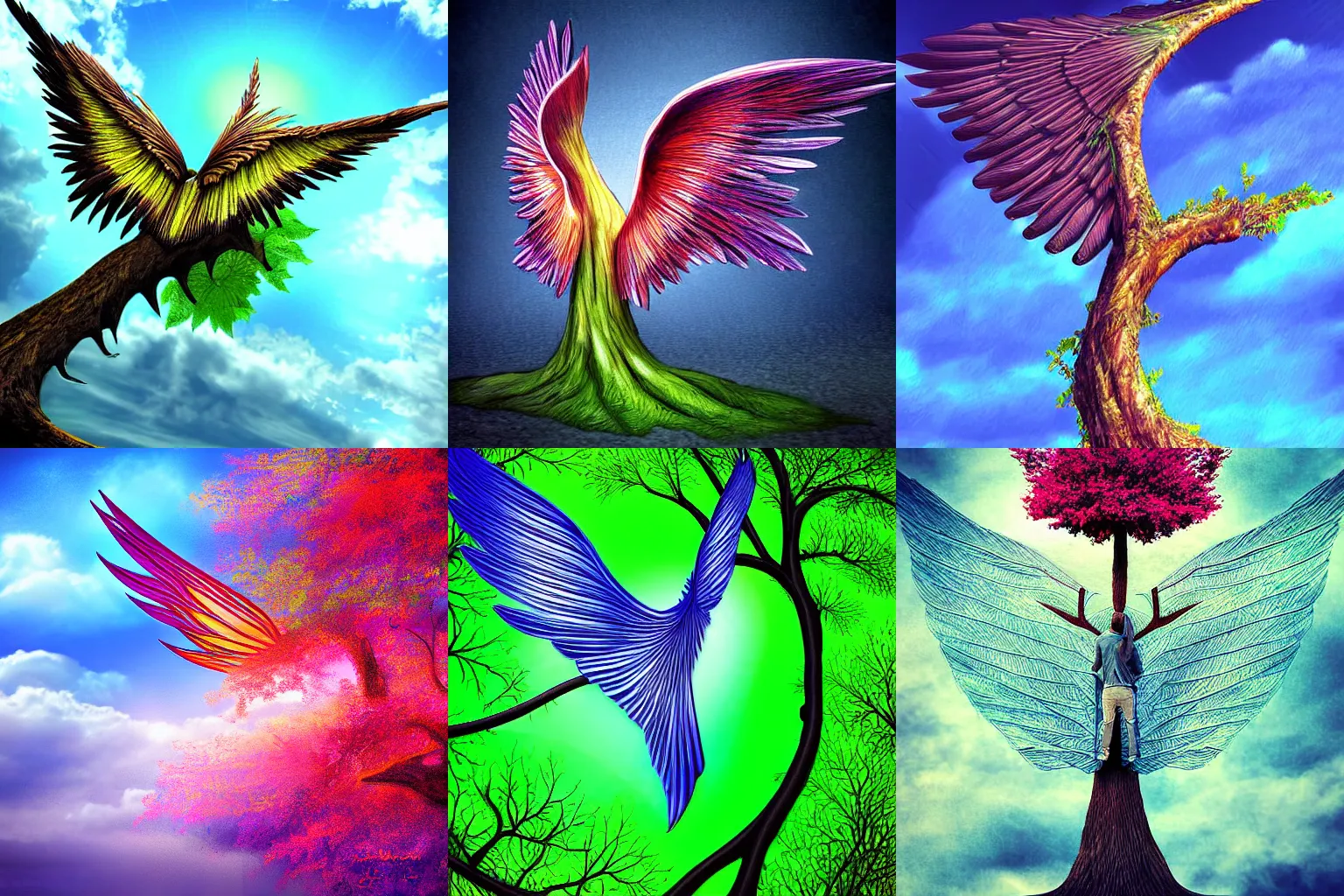 Prompt: a winged tree, digital art, detailed, award winning, great colours, realistic, good composition, symetric, tree, wings