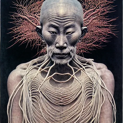 Prompt: ancient japanese monk, by kiki smith, by zdzisław beksinski, full body, detailed face, traverse, zoomed out, bamboo, mushrooms, mycelium, mycena acicula, tremella - fuciformis, insanely detailed and intricate, hypermaximalist, elegant, ornate, hyper realistic, super detailed