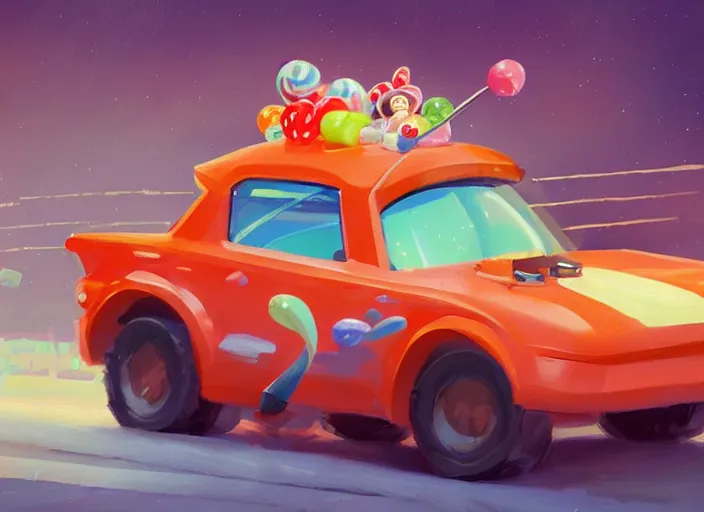 Image similar to concept design of cute candy cars for wreck - it ralph, oil painting by eren arik and jama jurabaev, extremely detailed, brush hard, artstation, high quality, brush stroke