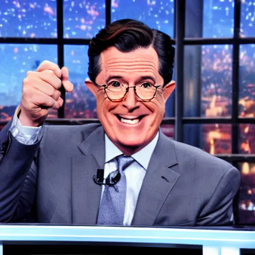 Prompt: stephen colbert with a frozen frosted beard ice cubes