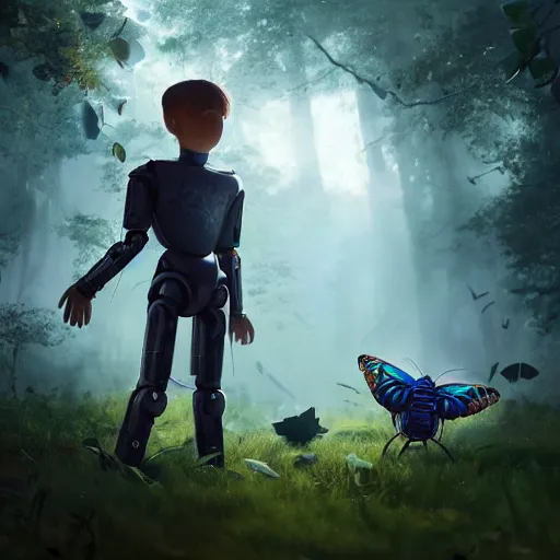 Prompt: incredible And fantastic android Robot boy trying to touch a butterfly in the forest and the animals around him surround him, with a beautiful aura in the atmosphere, hyper realistic with many details, Greg rutkowski, Trending artstation, cinematographic, Octane Renderizado, unreal engine 5, cinema4D