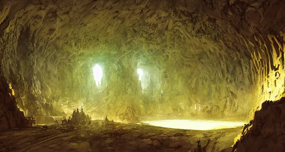 Prompt: looking up an ancient subterranean complex in middle - earth, comprising a vast labyrinthine network of tunnels, chambers, mines and halls, intricate, vivid colors, elegant, highly detailed, john park, frazetta, john howe, ruan jia, jeffrey catherine jones