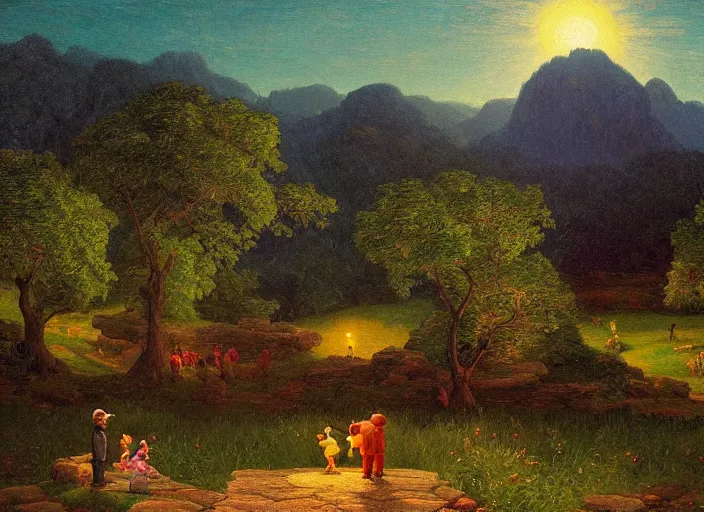 Image similar to american realist romanticism landscape painting of winnie the pooh characters at night, night time, colorful paper lanterns, in the style of hudson river school and thomas cole and albert bierstadt and robert duncanson and vincent van gogh