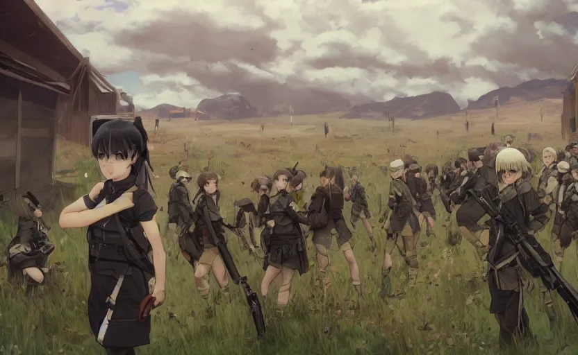 Prompt: panoramic view, girl, soldier clothing, battlefield in background, anime style, short hair, hair down, realistic anatomy, symmetrical facial features, from arknights, hyper realistic, 4 k, rule of thirds, extreme detail, detailed drawing, trending artstation, safebooru, realistic lighting, by alphonse mucha, greg rutkowski, sharp focus, backlit