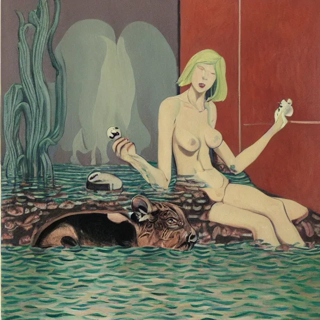 Image similar to tall female emo artist holding a pig in her flooded bathroom, mushrooms, octopus, water gushing from ceiling, painting of flood waters inside an artist's bathroom, a river flooding indoors, pomegranates, pigs, ikebana, zen, river, rapids, waterfall, black swans, canoe, berries, acrylic on canvas, surrealist, by magritte and monet