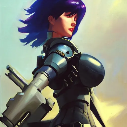 Image similar to greg manchess portrait painting of partially armored motoko kusanagi as overwatch character, medium shot, asymmetrical, profile picture, organic painting, sunny day, matte painting, bold shapes, hard edges, street art, trending on artstation, by huang guangjian, gil elvgren, ruan jia, greg rutkowski, gaston bussiere