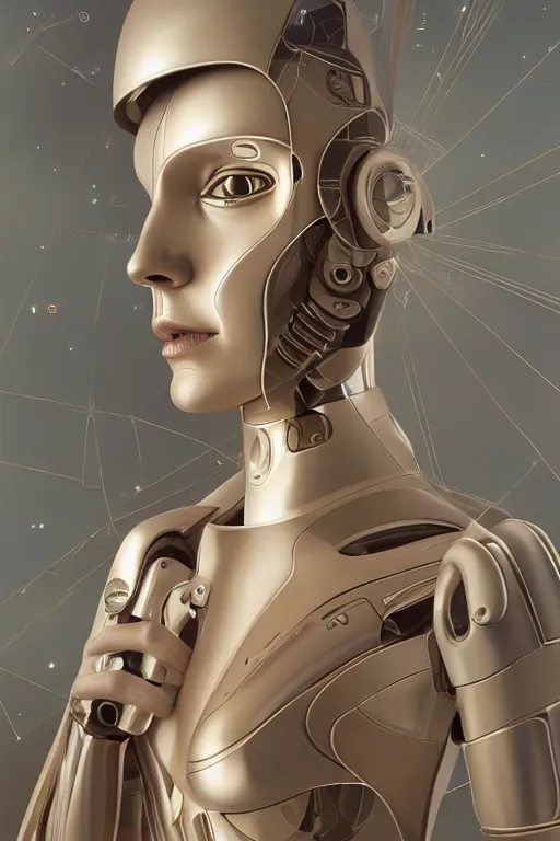 Image similar to full figure portrait of a female android made of chrome and woodgrain by duchamp, lean sleek styling, feminine curves, reflective, inscribed etched with gnostic runes, by jessica rossier