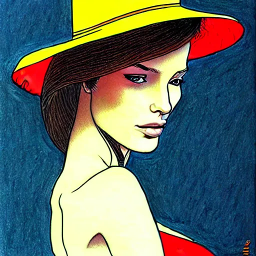 Image similar to drawing portrait of beautiful gorgeous woman with hat by Moebius science fiction