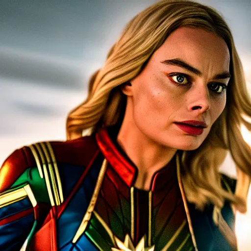 Image similar to Margot Robbie as real-life Captain Marvel, cinematic, Wide-shot, atmospheric lighting, directed by Quentin Tarantino, extreme detail, 8K, movie still