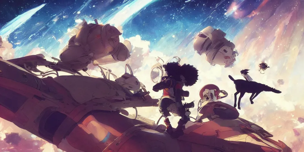 Image similar to border collie shooting space bunnies, in the space, on the space ship. nime key visual of luffy studio lit directed gaze, trending on pixiv fanbox, painted by greg rutkowski makoto shinkai takashi takeuchi studio ghibli