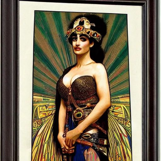 Image similar to a portrait of Penelope Cruz as a egyptian queen by Mucha.