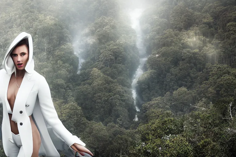 Image similar to a cinematic headshot portrait of a beautiful middle aged woman wearing futuristic white suit on the top of a mountain, overlooking a vast serene forest, large diffused light, neon light, 4 k, ultra realistic, dramatic lighting, rain, clouds, fog, vogue, fashion, glamour, magazine spread, by marco mazzoni and jessica rossier