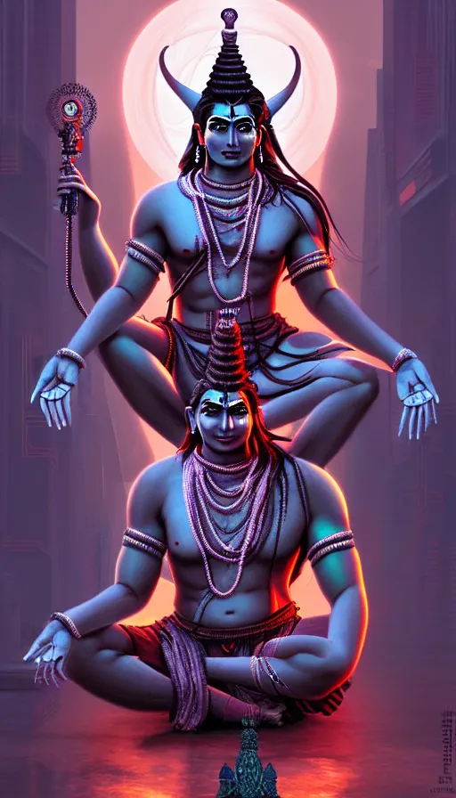 Image similar to indian god shiva, cyberpunk art by kuno veeber, cgsociety, computer art, ultra detailed, futuristic, anime aesthetic