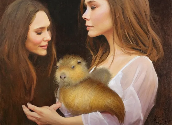 Image similar to a highly detailed beautiful portrait of elizabeth olsen with a capybara, by gregory manchess, james gurney, james jean