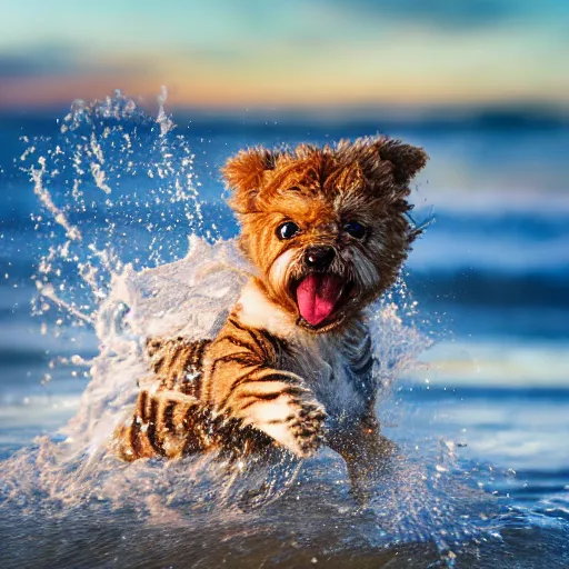 Image similar to a closeup photorealistic photograph of a cute smiling tiger bichon puppy splashing in the surf during sunset. professional capture, well lit shot. this 4 k hd image is trending on artstation, featured on behance, well - rendered, extra crisp, features intricate detail, epic composition and the style of unreal engine.