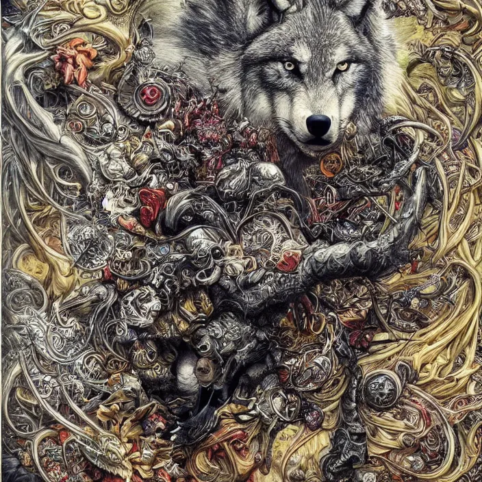 Image similar to a wolf in the style of a hard rock album art cover, in many colors, insanely detailed and intricate, hypermaximalist, elegant, ornate, luxury, elite, by james jean, by brian froud, hyper realistic, super detailed, flickr, filmic, cryengine