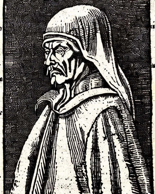 Prompt: b & w woodcut portrait of oprtimus prime from the nuremberg chronicle, 1 4 9 3, restored, hq scan