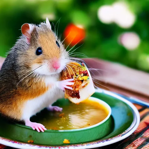 Image similar to detailed photo of a hamster eating soup, various poses, full body, daylight, 8 k