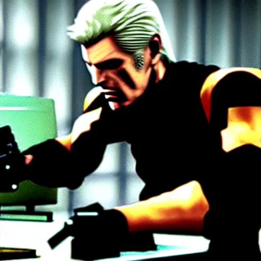 Prompt: drebin893 metal gear solid trying to build a desktop computer with scientific equipment close up