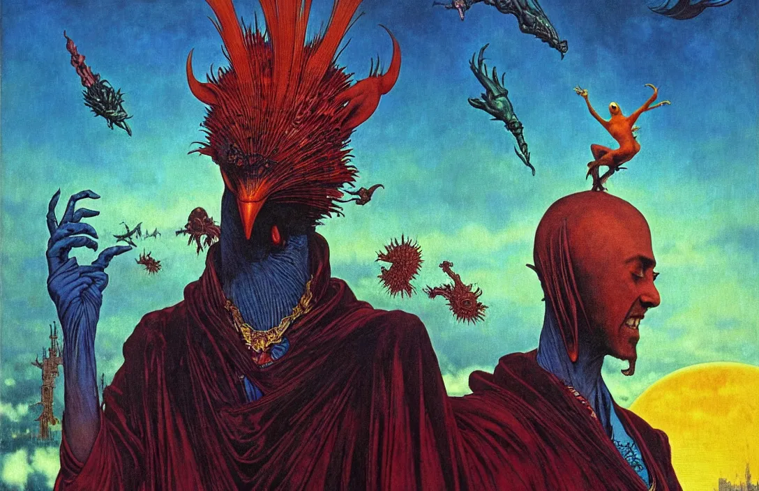 Image similar to realistic detailed portrait movie shot of a birdman wearing a dark robes, sci fi city landscape background by denis villeneuve, amano, yves tanguy, alphonse mucha, ernst haeckel, max ernst, roger dean, masterpiece, rich moody colours, dog teeth, blue eyes, sunset