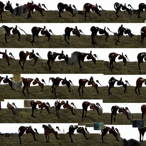 Image similar to an animation of the same horse running left to right shot frame by frame, separated into equally sized frames, from'animation types'