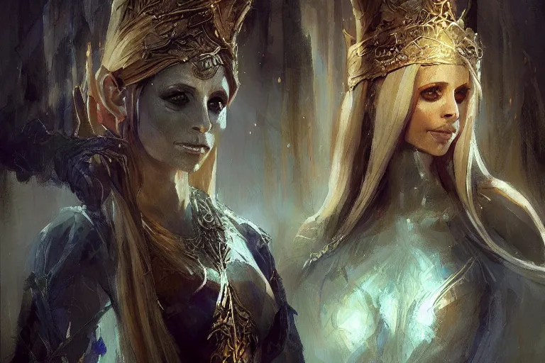 Prompt: A painting of Sarah Michelle Gellar as an elven queen by Craig Mullins, dramatic lighting, extremely high detail, trending on artstation