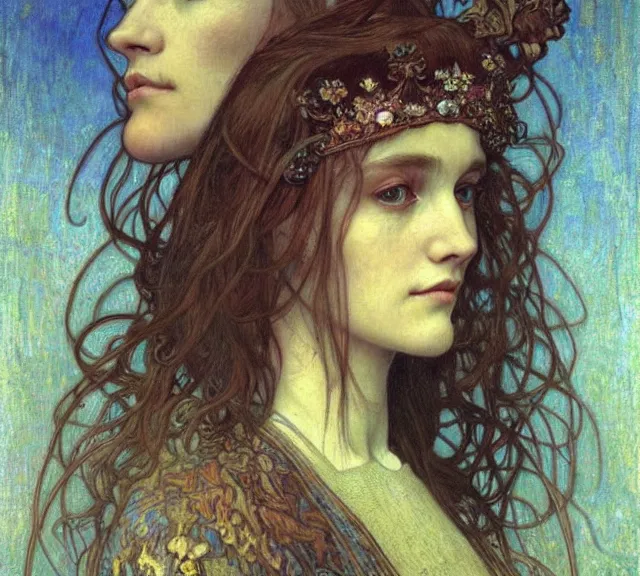 Image similar to detailed realistic beautiful young medieval queen face portrait by jean delville, alphonse mucha, vincent van gogh, and marco mazzoni, art nouveau, symbolist, visionary, gothic, pre - raphaelite