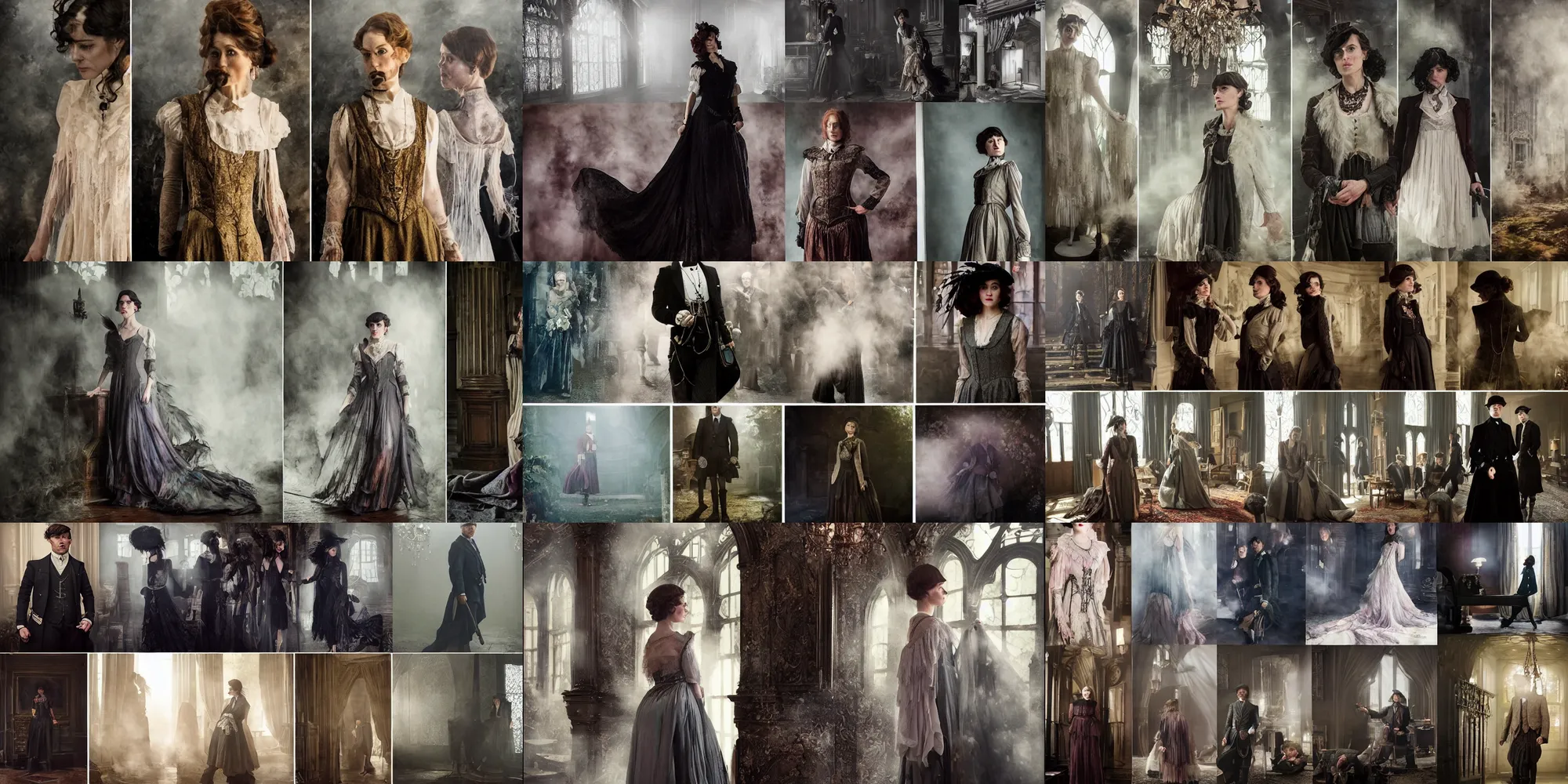 Prompt: Paintings of cinematic stills from the Outlander and Peaky Blinders crossover, full-body, bloom, Gothic mixed with Victorian mixed with Roman architecture, dynamic poses, diaphanous iridescent cloth, volumetric fog, intricate crystalline and feather jewelry, vests, corsets, knee-high boots, ornate, filigree, cinematic lighting, god rays!!!, by WLOP!!!!!!!, by Maxfield Parrish!!!!, by Nebezial!!!, portfolio illustration, highly detailed, trending on Artstation, CGsociety, HQ, 8k, 35mm lens, f2.8, Bokeh, rendered in Arnold, rendered in Octane.