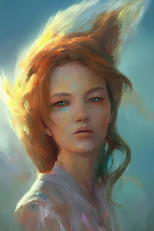 Image similar to oil painting, a girl with a pair of colored wings behind her, sunlit, paint texture, digital painting, highly detailed, artstation, sharp focus, illustration, concept art