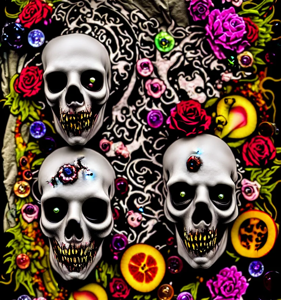 Prompt: zombie, punk rock, young male, death mask, grotesquerie, grotto, multicolored faces, fruit and flowers, gemstones for eyes, botanical, vanitas, sculptural, baroque, rococo, intricate detail, spiral, ornamental, kaleidoscopic, soft, elegant, beautiful