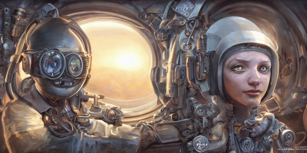 Prompt: highly detailed portrait painting of welder and angelina joile, mono eye window, symmetrical perfect eyes, by eddie mendoza and tyler edlin, 8 k resolution