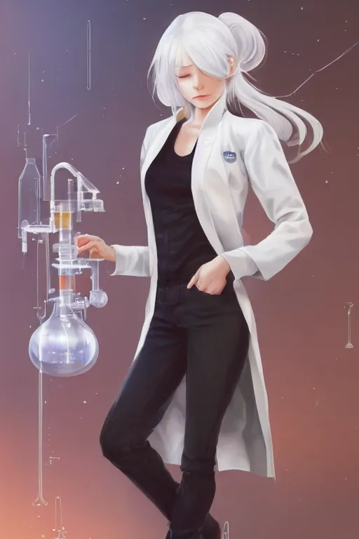 Prompt: a portrait of a scientist android girl with silver hair wearing white lab coat by artgerm and wlop and krenz cushart, painterly