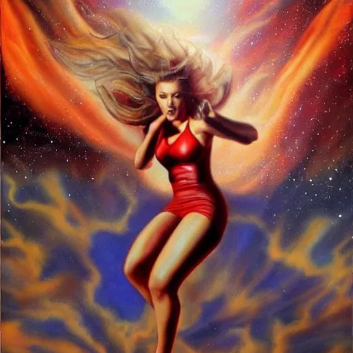 Image similar to Scarlett Johansson running from falling comets towards the camera, very very very epic painting by Julie Bell