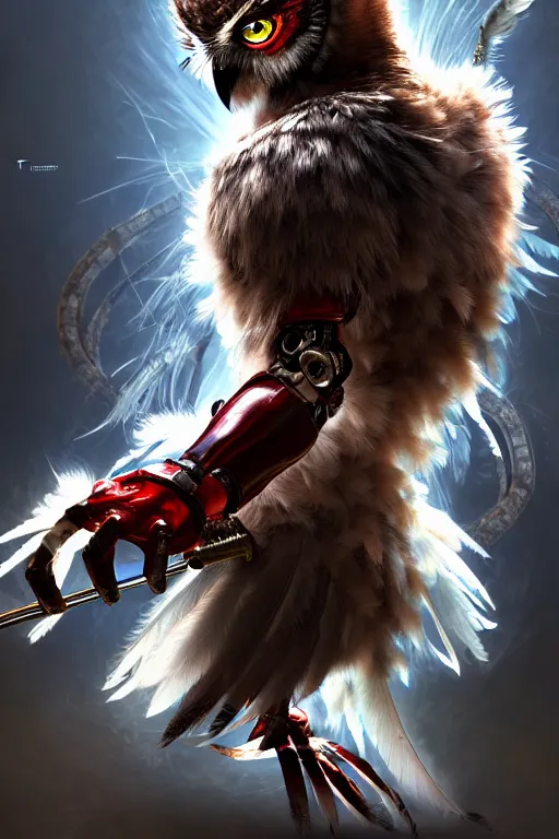 Image similar to Tekken 4 fighter anime Stunning Portrait Robot Owl with feathers all over its body, short black feathers with a samurai sword on its back, in a fighting stance, digital painting, artstation, concept art, soft light, hdri, smooth, sharp focus, illustration, art by tian zi, craig mullins, Mark Arian, WLOP, alphonse mucha