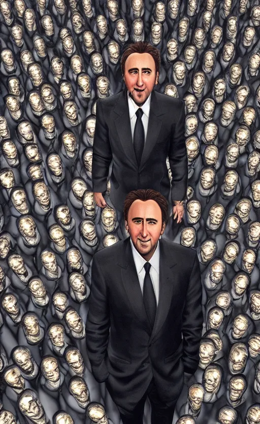 Prompt: nicolas cage surrounded by Oscar statues. Smiling face. Cinematic, hyper realism, realistic proportions, volumetric lighting, high detail 4k.