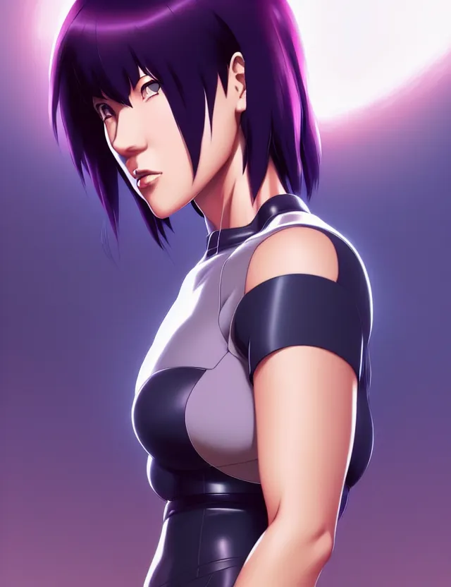 Image similar to a fullbody portrait of motoko kusanagi the major ghost in the shell : : stand alone complex, under repairs, maintenance : : by ilya kuvshinov, rossdraws, artgerm, sola digital arts, anti aliasing, raytracing : :