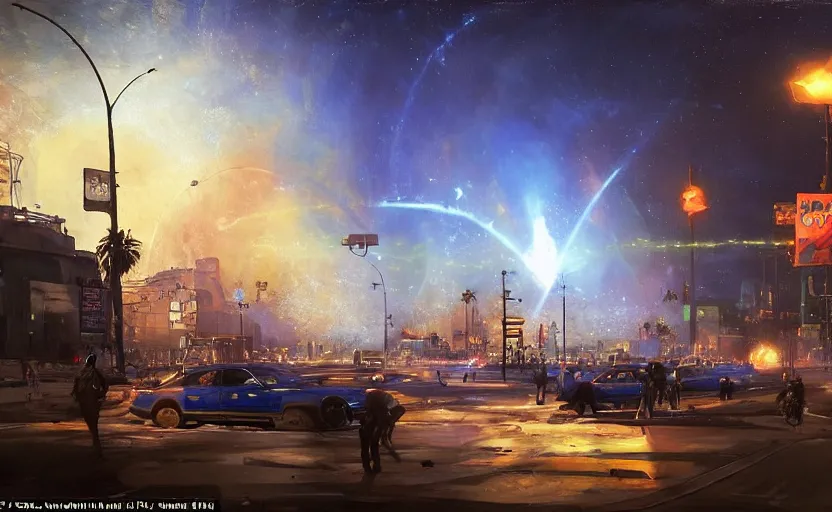 Image similar to people with posters attacking cops, a huge blue spiral - shaped white luminous attractor is floating on the horizon near the sun, stores in los angeles with light screens all over the street, concept art, art for the game, professional lighting, dark night lighting from streetlights, by ilya repin