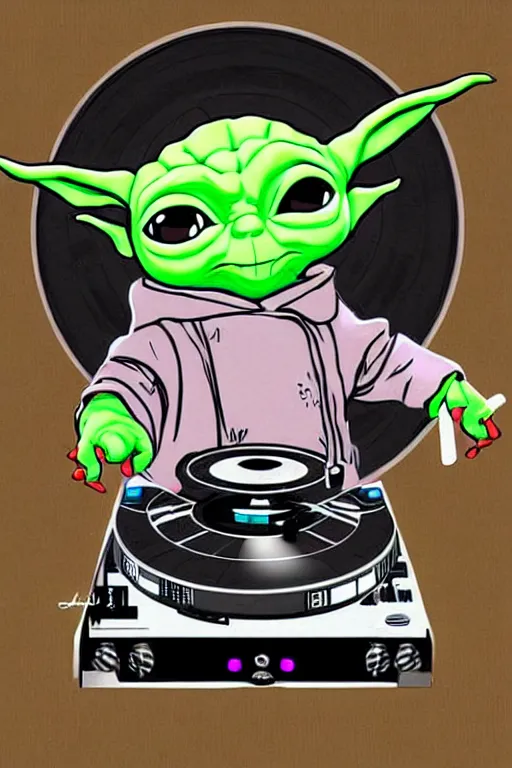 Image similar to baby yoda as a dj, turntable, hip hop, rapper, large speakers, graffiti illustration, highly detailed, artstation, grogu