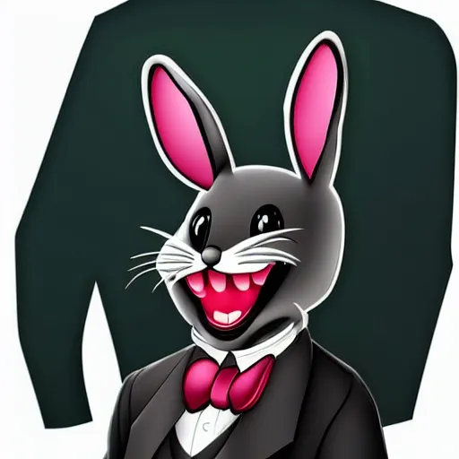 Image similar to A extremely highly detailed majestic hi-res beautiful, highly detailed head and shoulders portrait of a scary terrifying, horrifying, creepy black cartoon rabbit with a bowtie and scary big eyes, earing a shirt laughing, hey buddy, let's be friends, in the style of Walt Disney