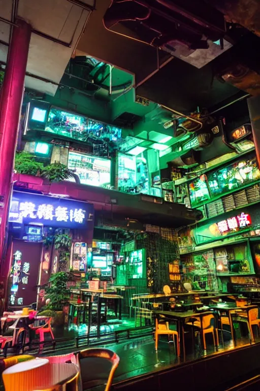 Image similar to full view, from a distance, of cyberpunk cafe in taipei, highly detailed