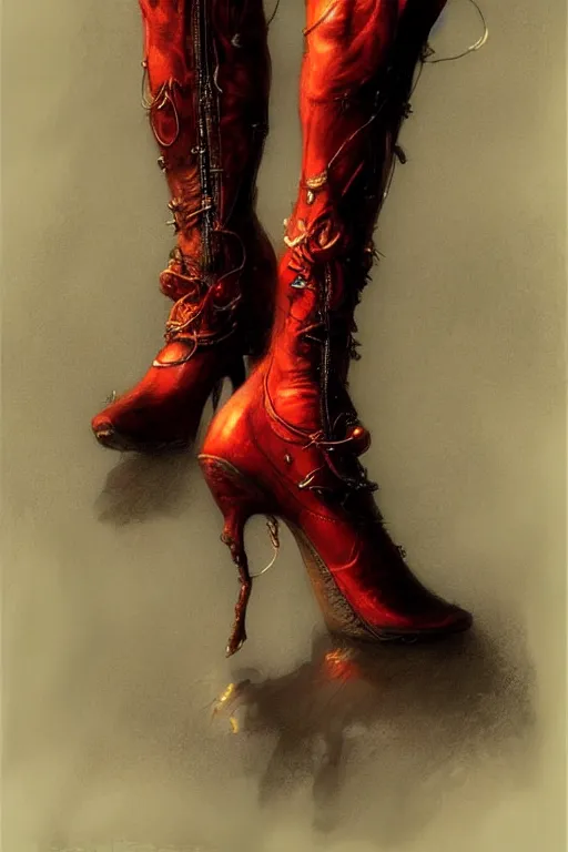 Image similar to red women's boots, shoes only, by wlop, by luis royo, by peter mohrbacher, concept art, digital illustration, intricate, masterpiece, elegant, super detailed, unreal engine rendering, smooth, sharp focus, artstation hq