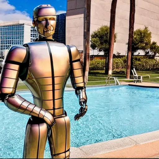 Image similar to a realistic detailed photo of a guy who is an attractive humanoid who is half robot and half humanoid, who is a male android, wrestler aj batista, shiny skin, posing like a statue, blank stare, by the pool, on display, showing off his muscles, humanoid robot, frozen ice statue