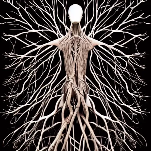 Image similar to digital art, Abstract art, humain female body made of roots, intricate roots, trending on artstation, -640