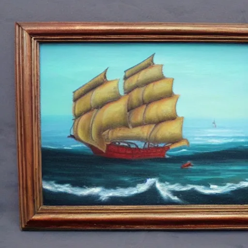 Image similar to oil painting of a pirate ship in a frame, old painted style